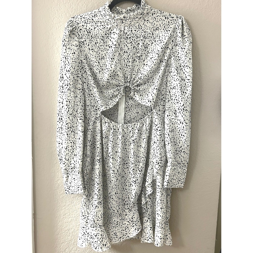 White Black Dalmatian Print Cutout Mini Dress High Neck Ruffle Hem Long Sleeve